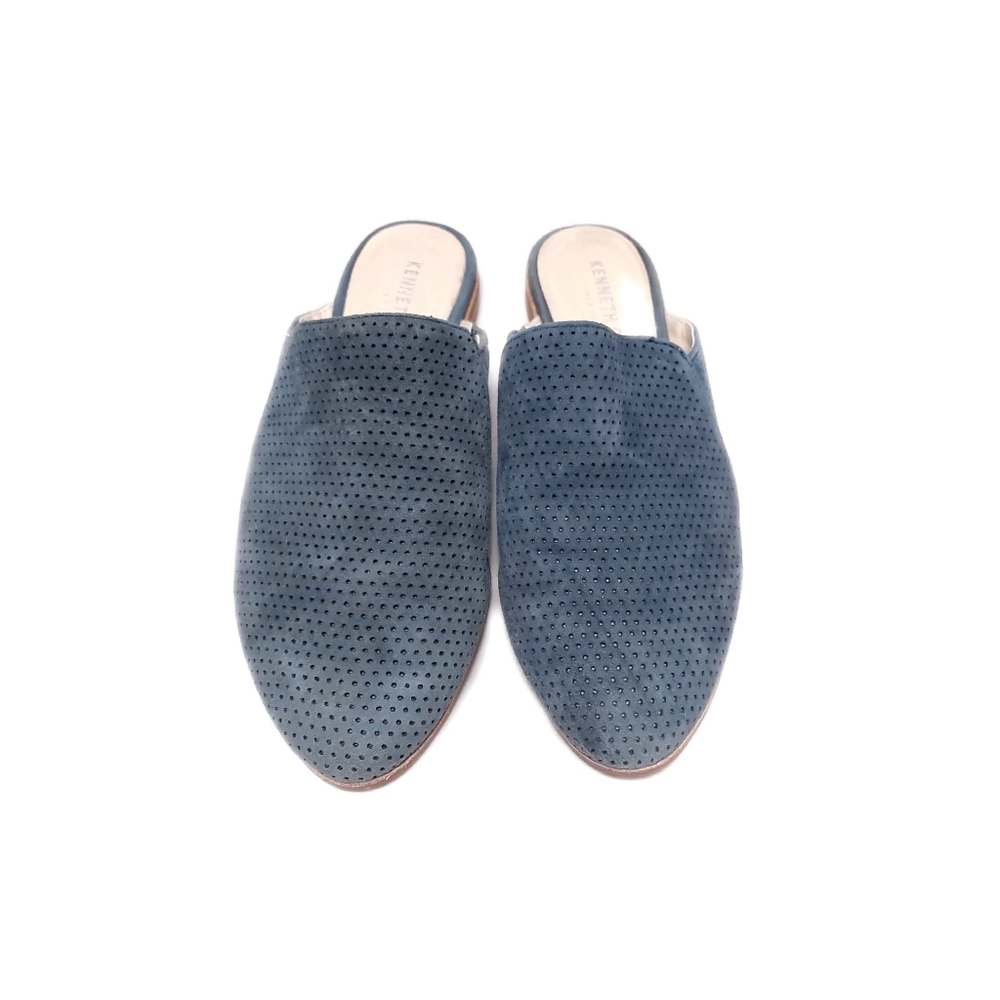 Kenneth Cole Rubie Women's 6 Teal Blue Perforated Suede Slip On Mules